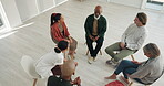 Group therapy, people support and talking of mental health, mentor advice and wellness in psychology and circle above. Therapist, senior leader or life coach and clients listening for help in meeting