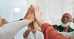 High five, business people and teamwork with support, celebration and achievement in a workplace. Group, staff and manager with employees, promotion or opportunity with hand gesture, smile or success