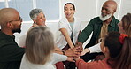 Hands, teamwork and support with a business team in a circle during a meeting for office motivation. Collaboration, success and winning with an employee group in celebration of a goal or target