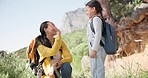 High five, hiking and mother with girl child in nature for celebration, freedom or success. Happy family, hands and mom with kid in a forest excited for travel, trekking or backpacking adventure