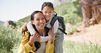 Backpack, hiking and face of mother with girl child hug in nature for adventure together. Travel, freedom and portrait of happy kid with mom in a forest for trekking, journey or backpacking and fun
