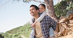 Outdoor, piggy back and father with girl, smile and nature with fresh air, funny and vacation with fun. Family, dad and daughter with happiness, holiday or playing and weekend break with joy or relax