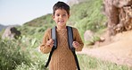 Smile, face and child on a hike with backpack in nature on a mountain for outdoor travel holiday. Happy, excited and portrait of boy kid on an adventure, vacation or weekend trip in countryside.