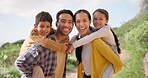 Face, smile and family piggyback in nature on vacation, holiday or travel together. Portrait, happy parents carry kids outdoor and father, mother and children bonding, care or support in countryside