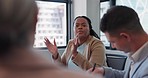 Business people, cooperation and black woman in a meeting, brainstorming and planning in a workplace. Staff, group or manager with employees, solidarity or support with collaboration and planning