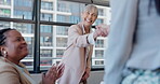 Business, woman and handshake with welcome, interview or collaboration for deal or partnership in office. People, women or employees with shaking hands for teamwork, partnership or hiring success