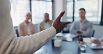 Presentation, workshop or hands of speaker in seminar for teaching or skill development in meeting. Learning business, education closeup or boss talking in mentorship, training or coaching a team