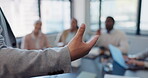 Presentation, education or hands of speaker in seminar for teaching or skill development in meeting. Man, workshop closeup or boss talking in mentorship, training or coaching a team to learn business