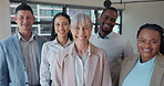 Business people, face and group with smile in office for partnership, collaboration or diversity. Professional, men and women with happiness for teamwork, motivation and trust at workplace with joy