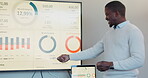 Business man, screen presentation and graphs, charts or data analytics for accounting, sales or profit. Professional african speaker or analyst for statistics, revenue proposal and monitor in meeting