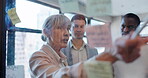 Planning, teamwork and glass with business people in an office together for coaching or strategy. Meeting, collaboration and training with an employee team in a workshop for growth or development