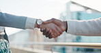 Business, people and handshake in city with welcome, collaboration or meeting for deal or partnership outdoor. Man, woman or employees with shaking hands closeup for teamwork, partnership or hello