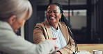 Business woman, handshake and job interview in Human Resources meeting, welcome and partnership or deal. Professional clients shaking hands for recruitment, HR hiring and thank you or congratulations