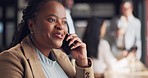 Business, phone call and black woman in office happy with deal, negotiation or client proposal. Smartphone, conversation and excited African female crm manager online for faq management or planning