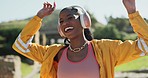 Happy black woman, dancing and fashion at park for hip hop, style or urban trend clothing in nature. Energetic African female person or dancer in stylish outfit for music, pop or outdoor freedom