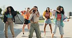 Group dancing, outdoor or women with hip hop fashion, cool retro swag and freestyle for wellness. Dancers, people or gen z girls in park with energy, freedom or unique talent for a fun celebration
