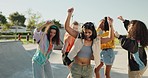 Celebration, park or happy people dancing with hip hop fashion, cool swag or freestyle performance. Creative woman, urban or gen z girls outdoors with energy, freedom or unique talent for wellness