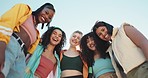 Friends, fashion and face of group of women outdoors with trendy clothes, cool outfit and style on blue sky. Happy, diversity and below portrait of people for bonding on holiday, vacation and weekend