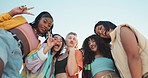 Friends, peace sign and face of group of women outdoors with trendy clothes, cool outfit and style on blue sky. Fashion, diversity and portrait of people for bonding on holiday, vacation and weekend