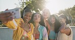 Women, group selfie and park for youth culture with funny face, blow kiss and diversity with post on web blog. Gen z girl friends, photography or profile picture with memory, emoji and social media