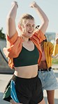 Women, hip hop group and dancing in park for workout, competition and performance with smile on face. Girl friends, teamwork and happy dancer with moving, exercise and fitness in summer sunshine