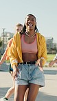 Woman, dancing and friends with hiphop, gen z and energy as dancer, smile and vertical. Outdoor, freedom and music for celebration, together and carefree people to socialize, funny and enjoying