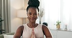 Smile, prayer or face of black woman in yoga meditation in home studio for wellness, peace or balance. Happy, relax or zen African person in worship for energy training, breathe or holistic exercise