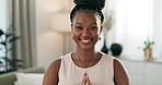 Happy, prayer or face of black woman in yoga meditation in home studio for wellness, peace or balance. Smile, relax or zen African person in worship for energy training, breathe or holistic exercise 