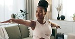 Home, stretching and black woman with fitness, exercise and wellness with yoga in a living room. African person, apartment and girl with workout, training and meditation with peace, breathing or calm