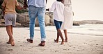 Walking, happy family on beach together and holding hands on tropical adventure holiday from back. Nature, summer vacation and mother, father and children at ocean to relax, outdoor fun and bonding.