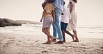 Walking, legs of happy family on beach together and holding hands on tropical adventure holiday. Nature, summer vacation and mother, father and children at ocean to relax, outdoor fun and bonding.