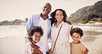 Portrait, happy family on beach together for holiday and bonding on tropical adventure on island. Nature, summer vacation and face of mother, father and children at ocean to relax, smile and fun.