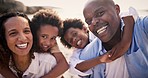 Selfie, happy family on beach together for holiday and bonding on tropical adventure in portrait. Photography, summer vacation and mother, father and children at ocean to relax, smile and fun in Bali