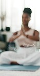 Yoga, incense or woman in meditation in home or house studio for wellness, peace or balance. Prayer blur, relax or zen African person in pilates for energy training, breathe or holistic exercise  