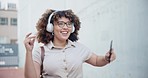 Dance, walking or happy woman in city with headphones, excited by for job promotion opportunity. Travel, music or female intern streaming radio with success, goal or achievement in urban street 