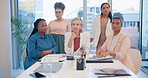 Business, women and teamwork in office for leadership, collaboration or planning with diversity and paperwork. Professional, people or employees with confidence for corporate meeting or communication