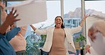 Happy business people, documents and dancing in celebration, applause or completion at office. Group of employees throwing paperwork in air for done, success or finished in teamwork at workplace