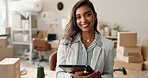 Delivery, shipping and face of woman on tablet for distribution, logistics and ecommerce. Digital technology, online shopping and portrait of person with boxes for supply chain business or startup