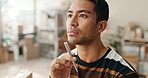 Creative asian man, face and thinking with idea, solution or plan in brainstorming or strategy at office. Closeup of male person or employee in wonder for project, decision or startup at workplace