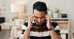 Asian man, headache and stress in mistake, bankruptcy or debt from financial crisis at office. Closeup of frustrated male person with migraine, strain or pressure from mental health, anxiety or fail