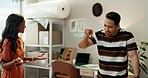 Fight, disaster and business people argue in office with poor performance, mistake or sale target fail. Anger, conflict and frustrated man with woman in store with service complaint, dispute or loss