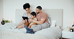 Family, parents or boy with tablet in bedroom for internet, games and development with happiness and support. Child, man or woman with technology on bed in home for play, streaming or movies or smile