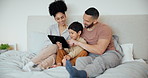 Happy family, parents or son with tablet in bedroom for internet, games and development with happiness and support. Child, man or woman with technology on bed in home for play, streaming or movies