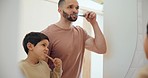 Dental, mirror and father with child brushing teeth in a bathroom with love, fun or bond at home. Oral hygiene, toothbrush and parent with kid for mouth, cleaning or learning, tooth or mouth wellness