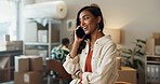 Ecommerce, phone call and woman with discussion in office, deal and creative small business owner. Smile, online shop and person talking on mobile in showroom with conversation, networking and sales.
