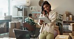 Online shop, phone call and tablet, woman in office with sales deal and networking for small business owner. Digital app, ecommerce and discussion, girl with cellphone and crm in creative showroom.