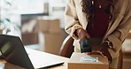 Business woman, hands and scan box in logistics with laptop for inventory check or pricing at boutique. Closeup of female person or employee scanning boxes with computer for price, storage or data