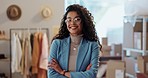 Happy, face and woman with arms crossed in retail, fashion design and pride in a store. Smile, laughing and portrait of a business owner or worker in a boutique for clothes, designer and entrepreneur