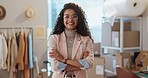 Happy, crossed arms and face of business woman in a fashion studio with confidence for entrepreneurship. Smile, professional and portrait of female company owner from Colombia in modern office.