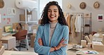 Face, business and woman with arms crossed, smile and industry with fashion designer, startup and employee. Portrait, employee and entrepreneur in a workplace, career and funny with ambition and joy